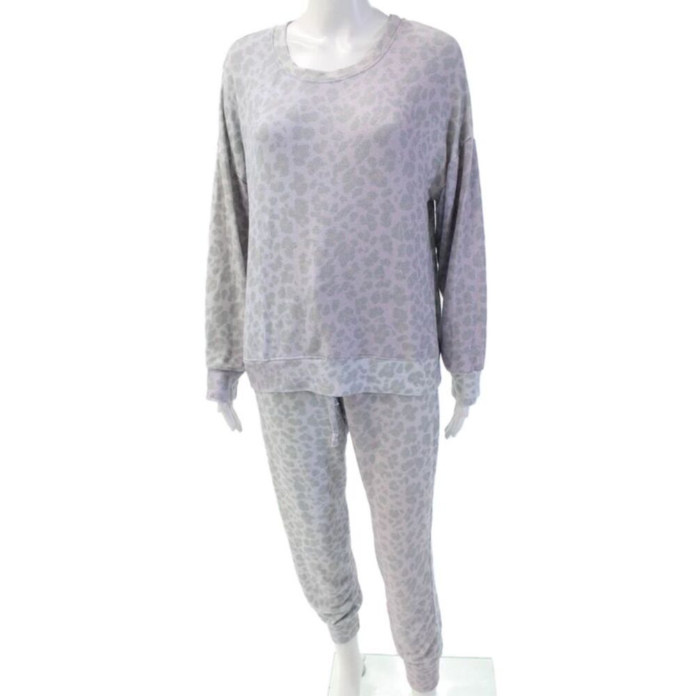 Sundry Womens Animal Print Pullover Long Sleeve Lounge Set Purple Size 1